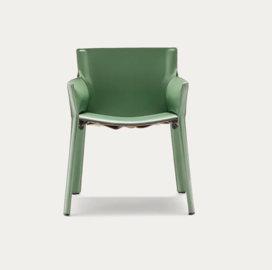 Sage Green Leather Dining Chair with Armrests