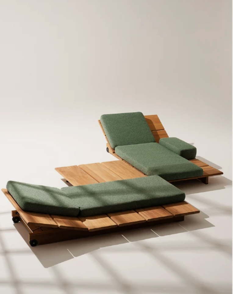 Teak Sun Lounger Set with Sage Green Cushions – Set of 2