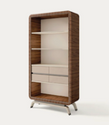 Mid-Century Walnut Bookcase with Drawers – Cream & Brushed Steel