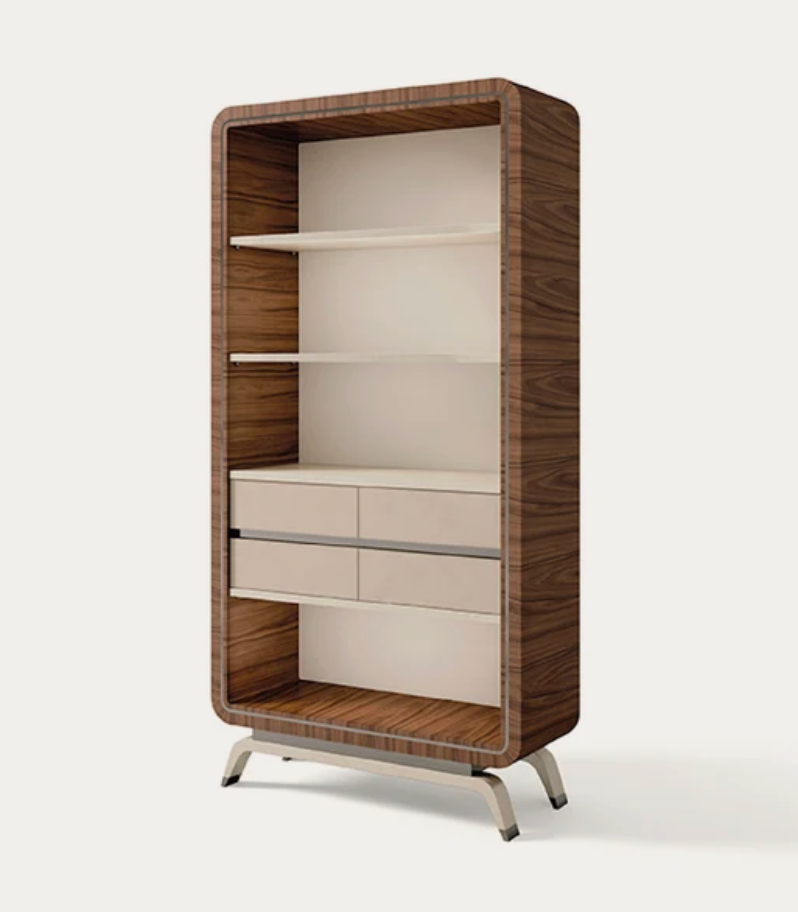 Mid-Century Walnut Bookcase with Drawers – Cream & Brushed Steel