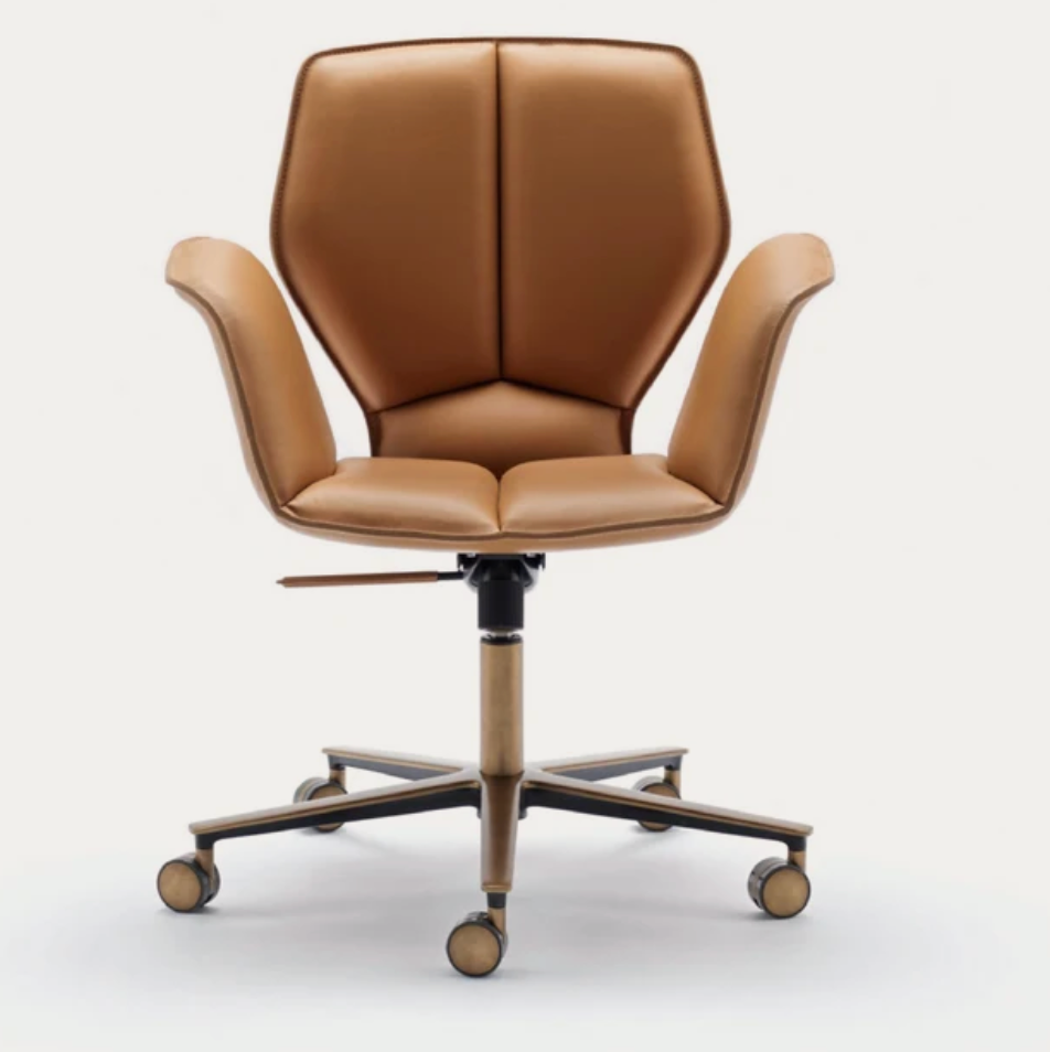Luxury tan leather executive office chair with brushed gold 5-star base and castors